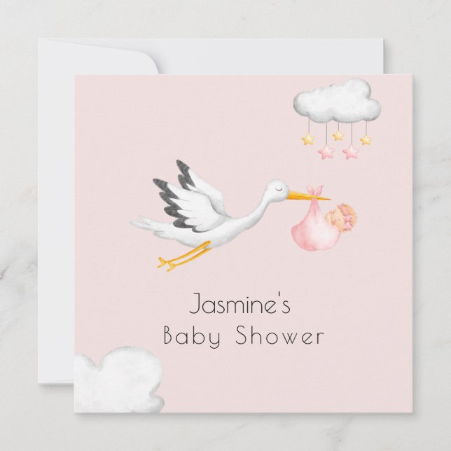 Invitación Pequeña ducha de bebé rosa de cigüeña mínima (Anverso)