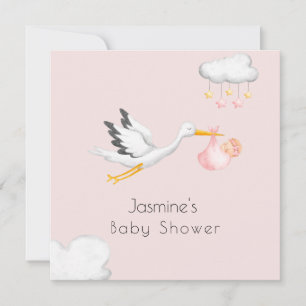 Invitación Pequeña ducha de bebé rosa de cigüeña mínima