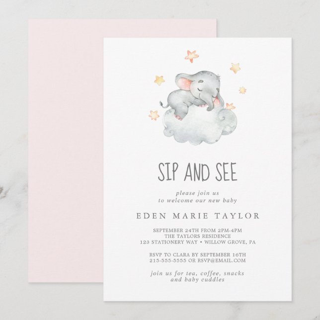 Invitación Pequeña elefante dormido Niña Sip y ver (Anverso / Reverso)