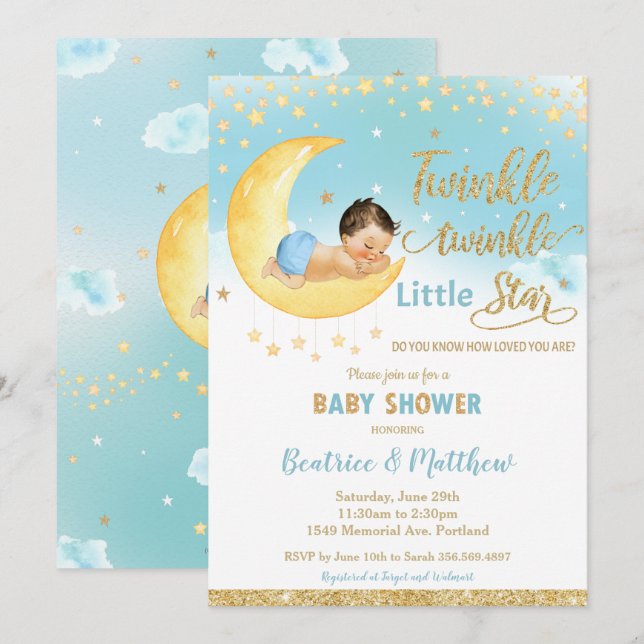 Invitación Pequeña estrella boba niño de Baby Shower (Anverso / Reverso)