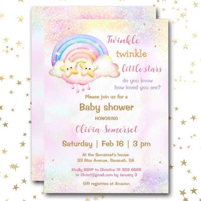 Invitación Pequeña estrella bobalicona Baby Shower arcoiris (Twinkle Little Star Twins Rainbow Baby Shower Invitation)