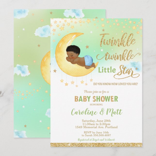 Invitación Pequeña estrella de Twinkle Baby Shower afroameric (Anverso / Reverso)