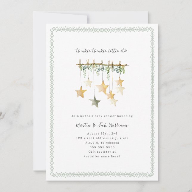 Invitación Pequeña estrella de Twinkle Boho Neutral Green Bab (Anverso)