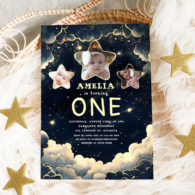 Invitación Pequeña Estrella Galaxia Bebé Celestial Primer Cum (Little Star Galaxy Celestial Baby 1st Birthday Invitation)