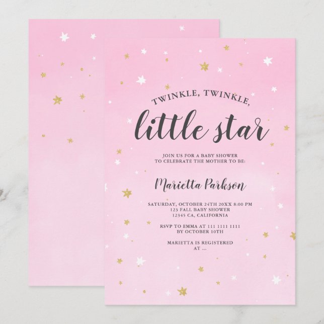Invitación Pequeña estrella purpurina de oro rosa ducha de be (Anverso / Reverso)
