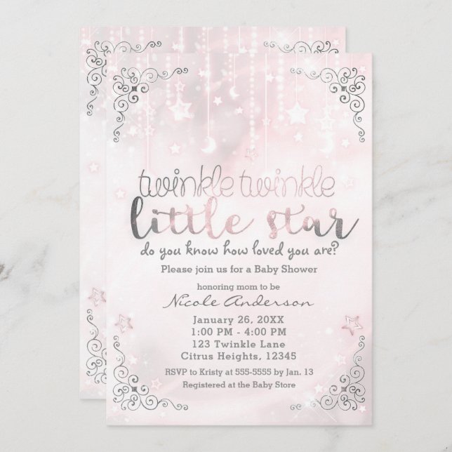Invitación Pequeña Estrella Rosa y Plata Baby Shower (Anverso / Reverso)