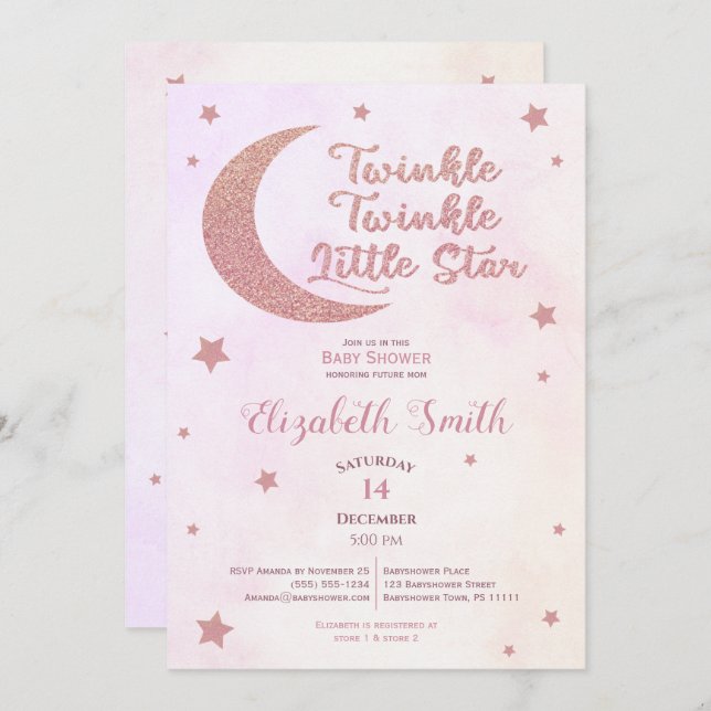Invitación Pequeña estrella rosada purpurina Twinkle (Anverso / Reverso)