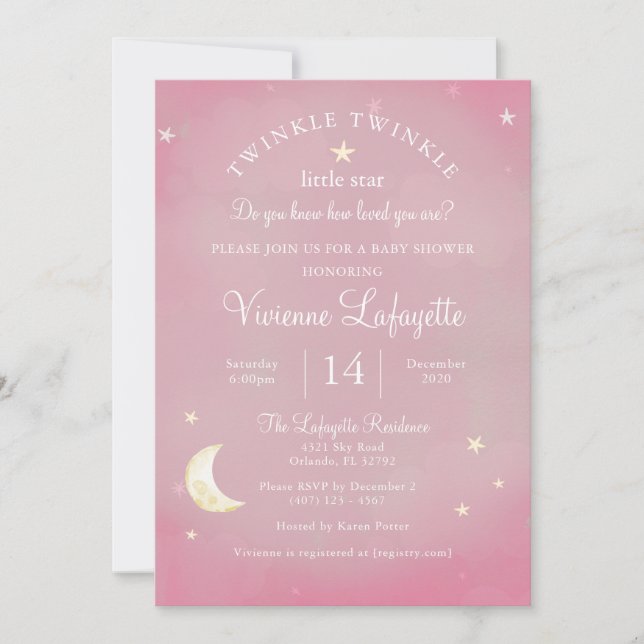 Invitación Pequeña estrella y Baby Shower rosa lunar (Anverso)