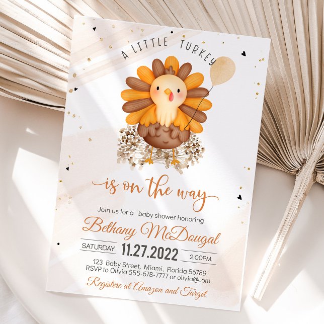 Invitación Pequeña Fiesta de Baby Shower del Día de Acción de (Little Turkey On The Way! Thanksgiving baby shower favor tags with turkey design, warm autumn colors)