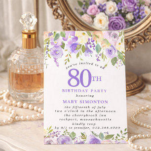 Invitación PEQUEÑA Fiesta de Cumpleaños 80 Rosa Púrpura Flora