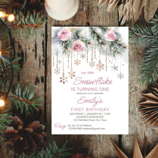 Invitación Pequeña fiesta de cumpleaños de copas de nieve (Little snowflake winter wonderland birthday party editable template invitation digital download)