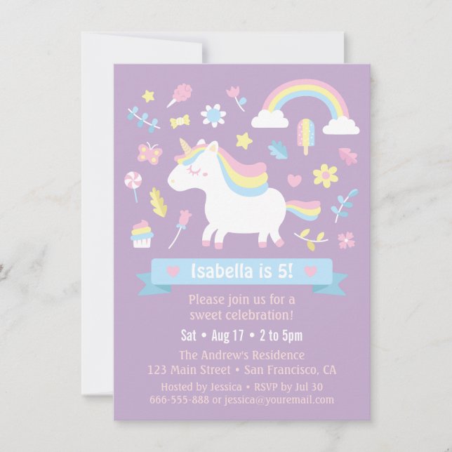 Invitación Pequeña fiesta de cumpleaños de Unicornio (Anverso)
