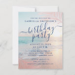 Invitación Pequeña fiesta de cumpleaños rosa de la playa trop<br><div class="desc">Una versión más pequeña de la tarjeta A2 de 4.25"x5.5" de nuestra impresionante moda rosa y turquesa playa azul océano con la puesta de sol de la playa con la hoja de palmera dorada subió con espacio en la parte posterior para ropa opcional,  indicaciones o información de estacionamiento.</div>