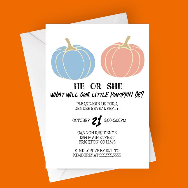 Invitación Pequeña Fiesta de revelaciones de género de calaba (Little Pumpkin Gender Reveal Party Invitation, Halloween Themed with Solid Blue and Pink Pumpkins)