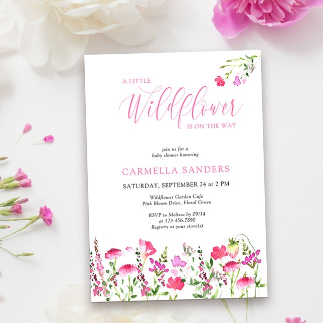 Invitación Pequeña flor silvestre en el camino del Chica rosa (Little Wildflower Baby Shower Invitation from my Pink Wildflower Collection
)