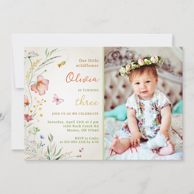 Invitación Pequeña flor silvestre floral bebé niña cumpleaños (Anverso)