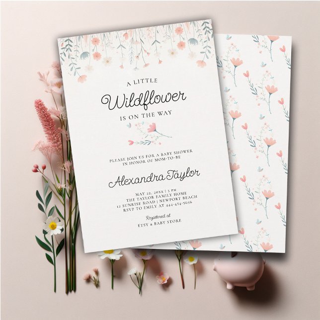 Invitación Pequeña flor silvestre pequeño coro Verde azulada  (little wildflower baby girl shower invitation cottage garden watercolor pink teal pastel tiny flower)