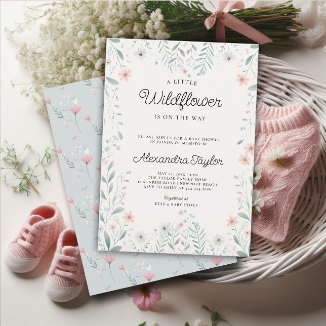 Invitación Pequeña flor silvestre pequeño perwinkle bebé niña (little wildflower baby girl shower invitation cottage garden watercolor pink teal pastel cute frame)