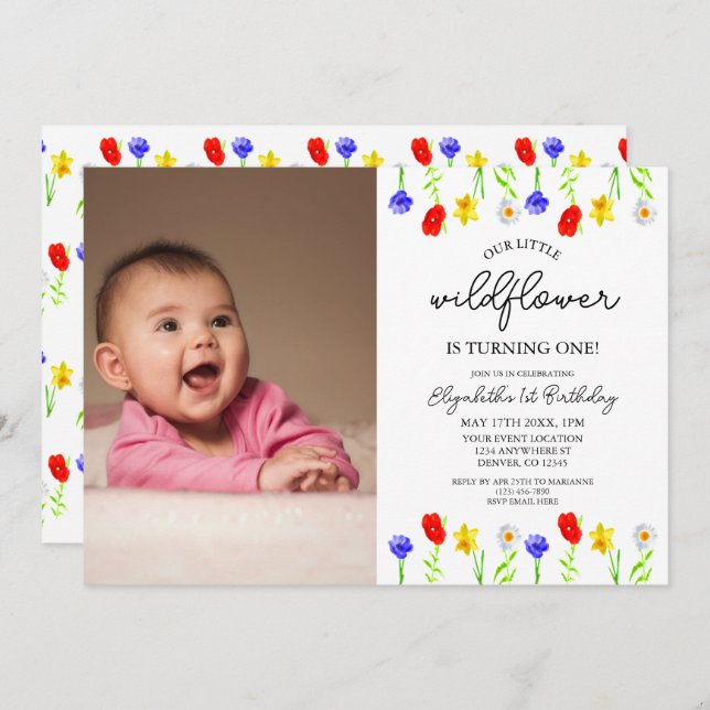 Invitación Pequeña flor silvestre, primer cumpleaños (Anverso / Reverso)