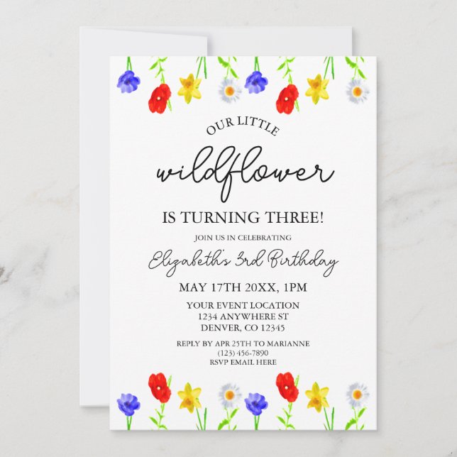 Invitación Pequeña flor silvestre, tercer cumpleaños (Anverso)