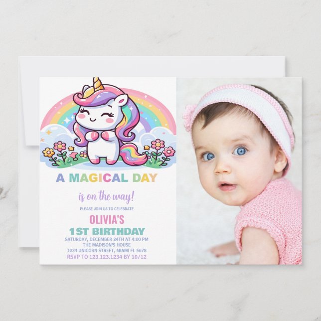 Invitación Pequeña foto de invitados de cumpleaños de Rainbow (Anverso)