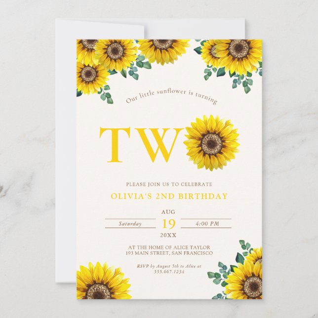 Invitación Pequeña Girasol 2do Cumpleaños  (Anverso)