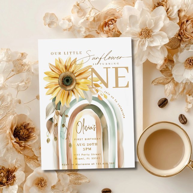 Invitación Pequeña Girasol Boho Arcoíris Primer Cumpleaños (Subido por el creador)