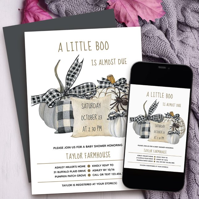 Invitación Pequeña granja de Pillow Halloween Baby Shower (Little Boo baby shower Invitation with stylish farmhouse porch decor
)