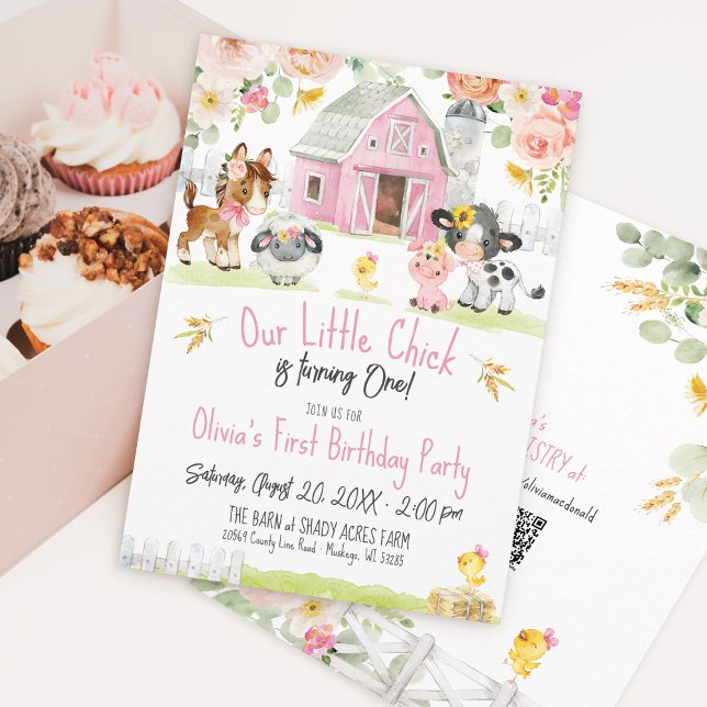 Invitación Pequeña granja de pollos Barnyard Chica de flores  (Our Little Chick watercolor farm girl barnyard animals floral pink 1st birthday party invitation)
