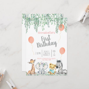 Invitación Pequeña jungla de animales verde primer cumpleaños