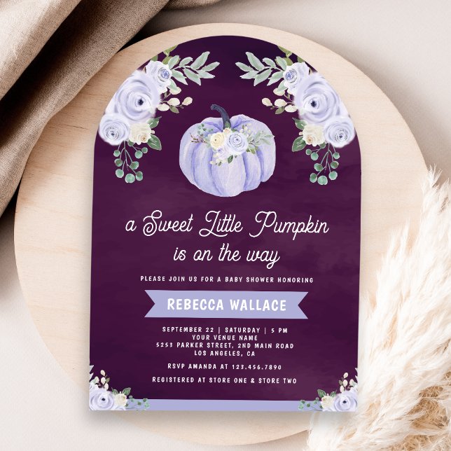 Invitación Pequeña Lavanda de Calabaza Rosa Pluma Baby Shower (Subido por el creador)