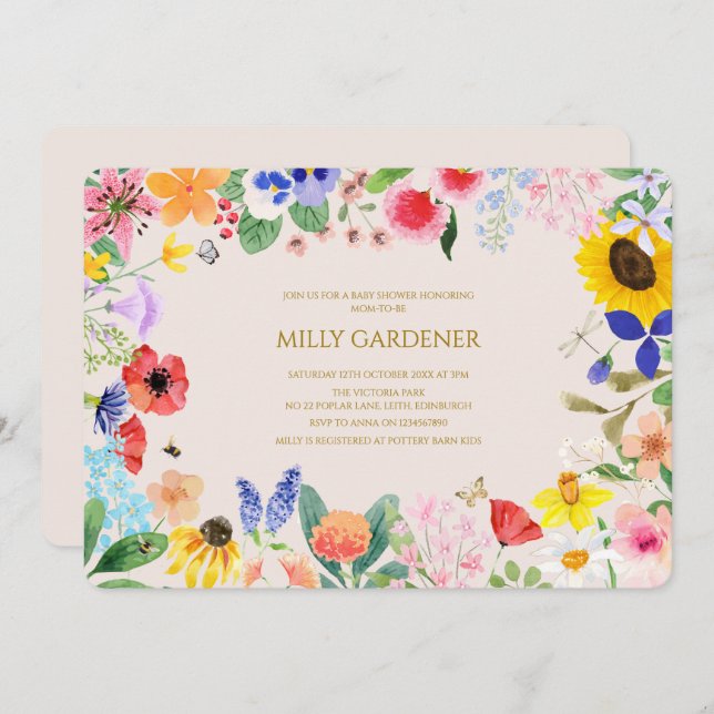 Invitación Pequeña mamá de flores silvestres en Bee Baby Show (Anverso / Reverso)