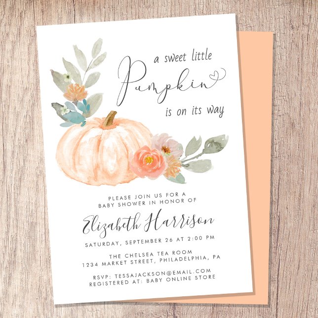 Invitación Pequeña marca de agua Baby Shower (Celebrate the upcoming arrival of your sweet little autumn baby with a pumpkin-themed baby shower)