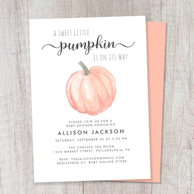 Invitación Pequeña marca de agua Baby Shower (Celebrate the upcoming arrival of your autumn baby with a pumpkin-themed baby shower)