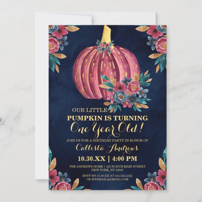 Invitación Pequeña Marina de Calabaza Floral acuarela Primer  (Anverso)