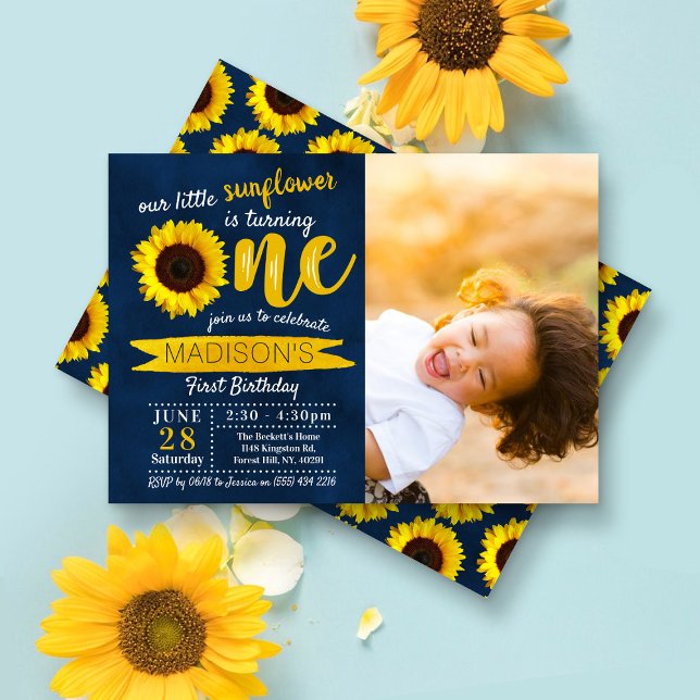 Invitación Pequeña marina de girasol azul foto de primer cump (Subido por el creador)