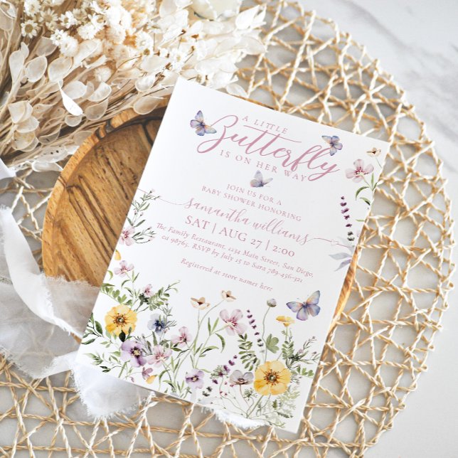 Invitación Pequeña mariposa acuarela Flora silvestre Baby Sho (Subido por el creador)