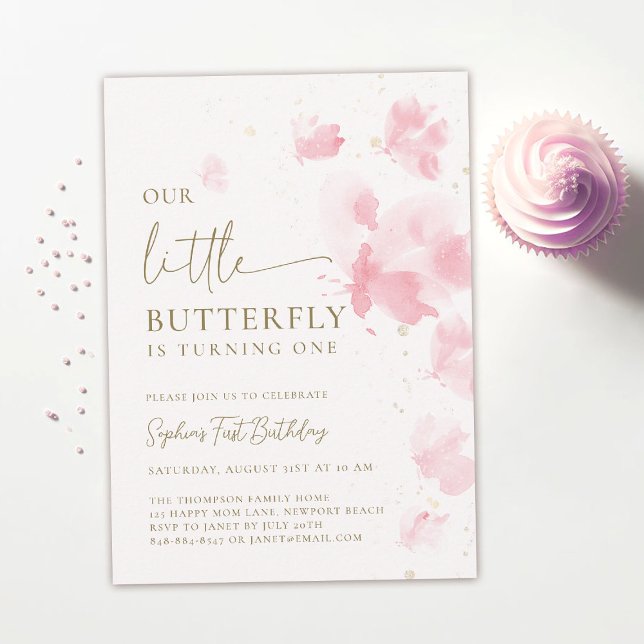 Invitación Pequeña Mariposa Acuarela Presupuesto Primer Cumpl (our little butterfly 1st birthday invitation girls pink blush watercolor garden tea party elegant)