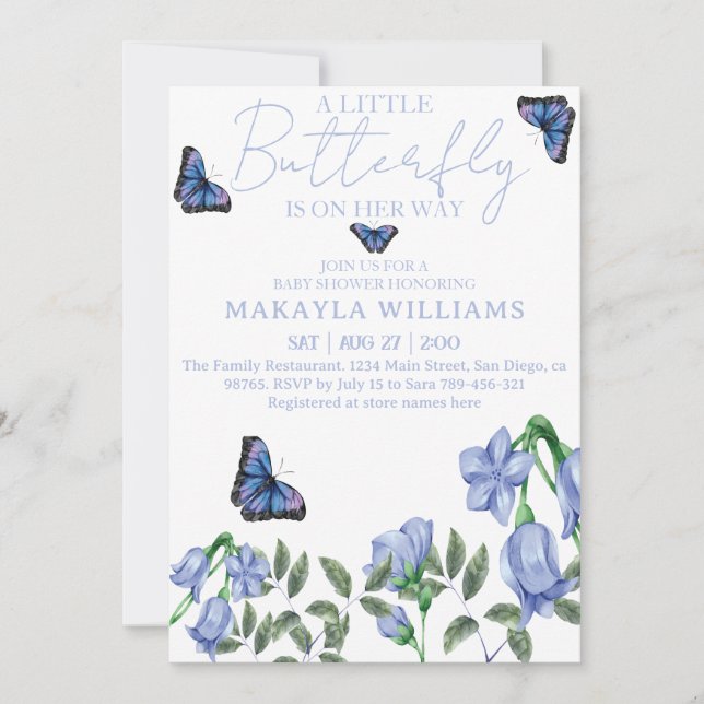 Invitación Pequeña mariposa azul floral Baby Shower (Anverso)