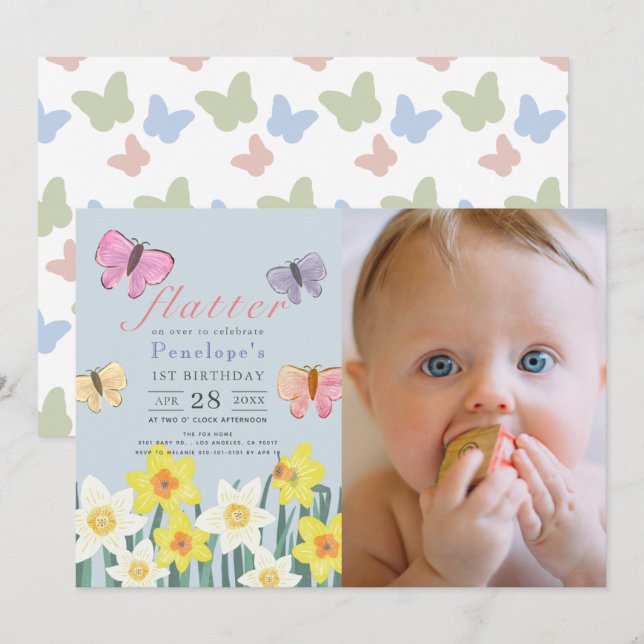 Invitación Pequeña mariposa Chica de Daffodil Primera foto de (Anverso / Reverso)