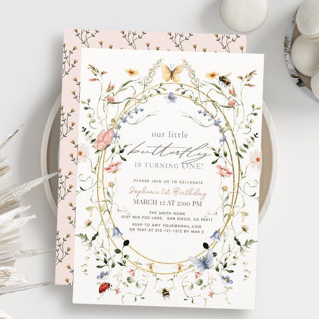 Invitación Pequeña mariposa Chica de Flor Silvestre Primer cu (Subido por el creador)