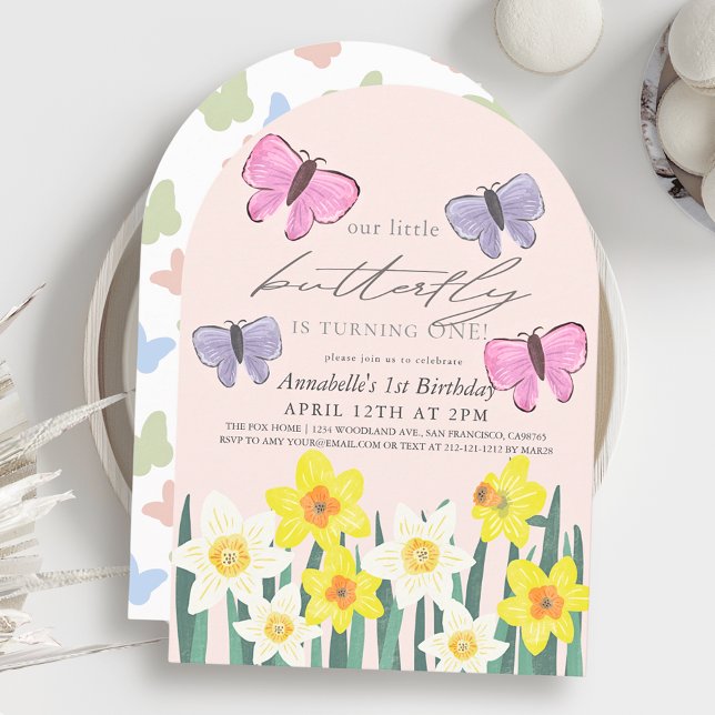Invitación Pequeña mariposa Chica rosa Daffodil Primer cumple (Subido por el creador)
