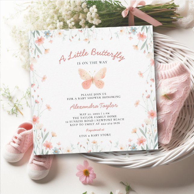 Invitación Pequeña mariposa Coral Verde azulado Chica Cute Ba (little butterfly baby girl shower invitation cottage garden watercolor coral pink wildflowers boho)