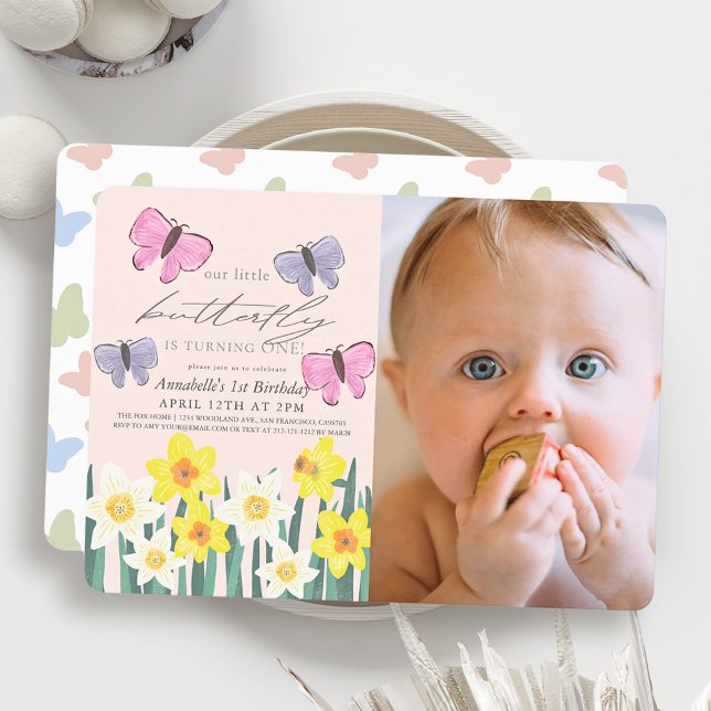Invitación Pequeña mariposa Daffodil Foto rosa 1er cumpleaños (Subido por el creador)
