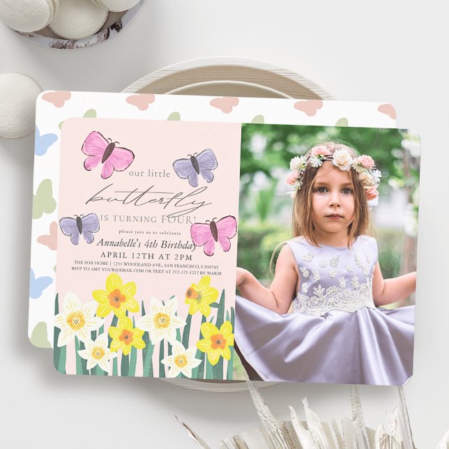 Invitación Pequeña mariposa Daffodil Foto rosa Cumpleaños (Subido por el creador)