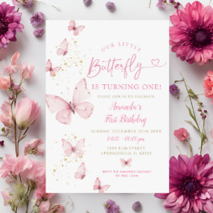 Invitación Pequeña mariposa de oro rosa cumple un cumpleaños