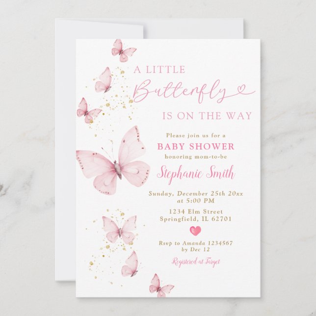 Invitación Pequeña Mariposa En Camino De Baby Shower Valentin (Anverso)