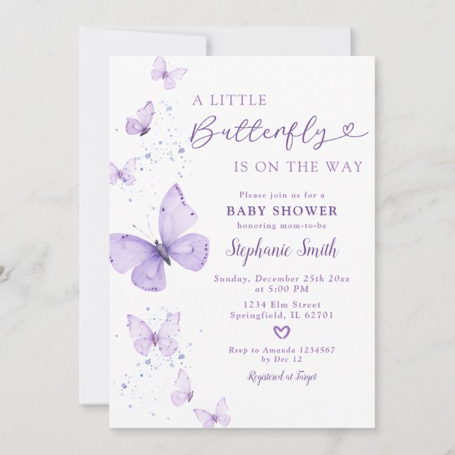Invitación Pequeña Mariposa En El Camino Lilac Baby Shower (Anverso)