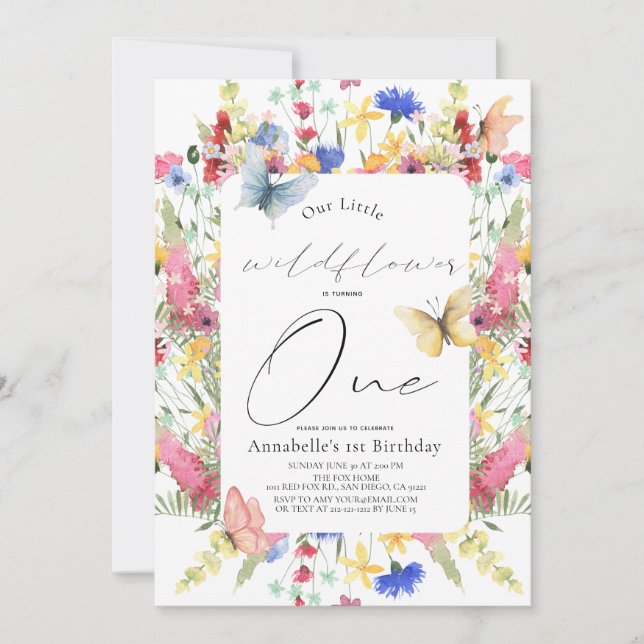 Invitación Pequeña mariposa flor silvestre Chica de primer cu (Anverso)