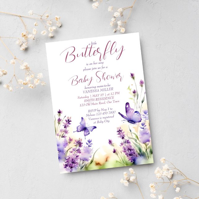 Invitación Pequeña mariposa lavanda pastel lilac ducha bebé (Butterfly baby shower template invitation digital download purple lilac pastel watercolor meadow)